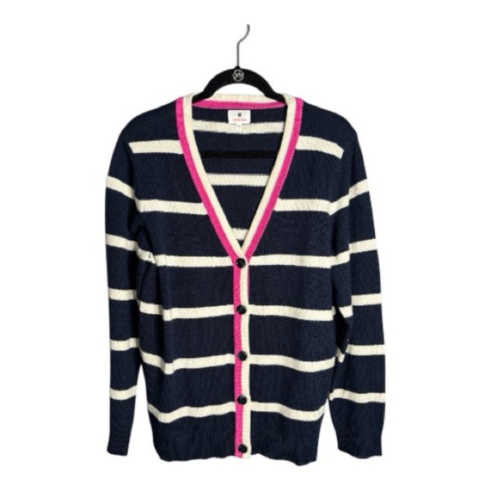 Sundry Navy White Striped Cardigan Pink Detail Large